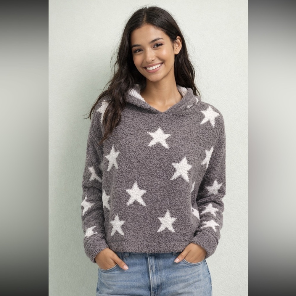 Revolve x Maronie Sweatshirt Oversized Lounge Star Fleece Gray and White Medium